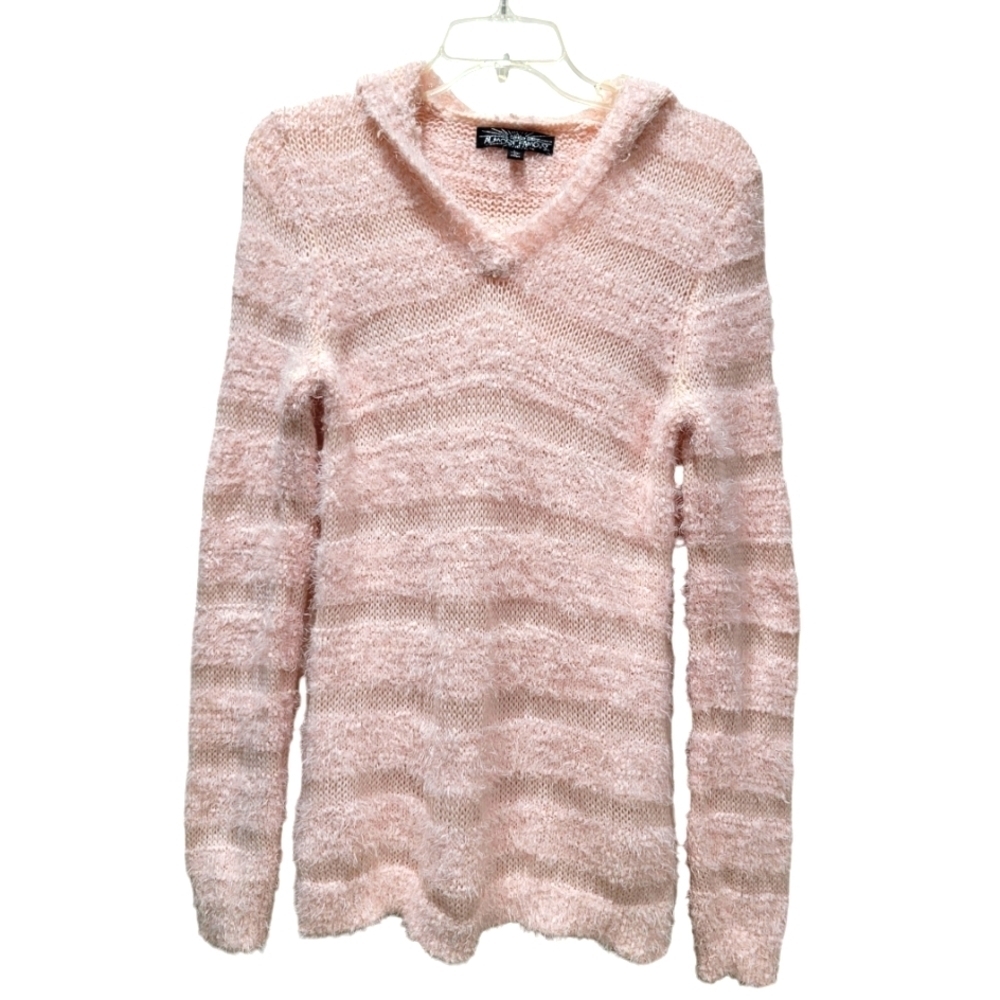 Lrg ALMOST FAMOUS V Neck Fuzzy Pink Hooded Side Slit Pullover Sweater